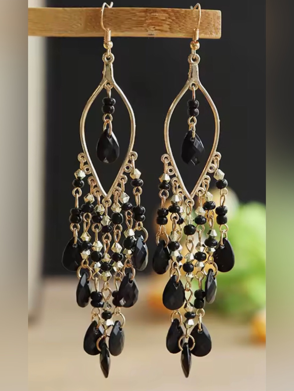 Gold and Black Teardrop Chandelier Earrings - Picture 2 of 12